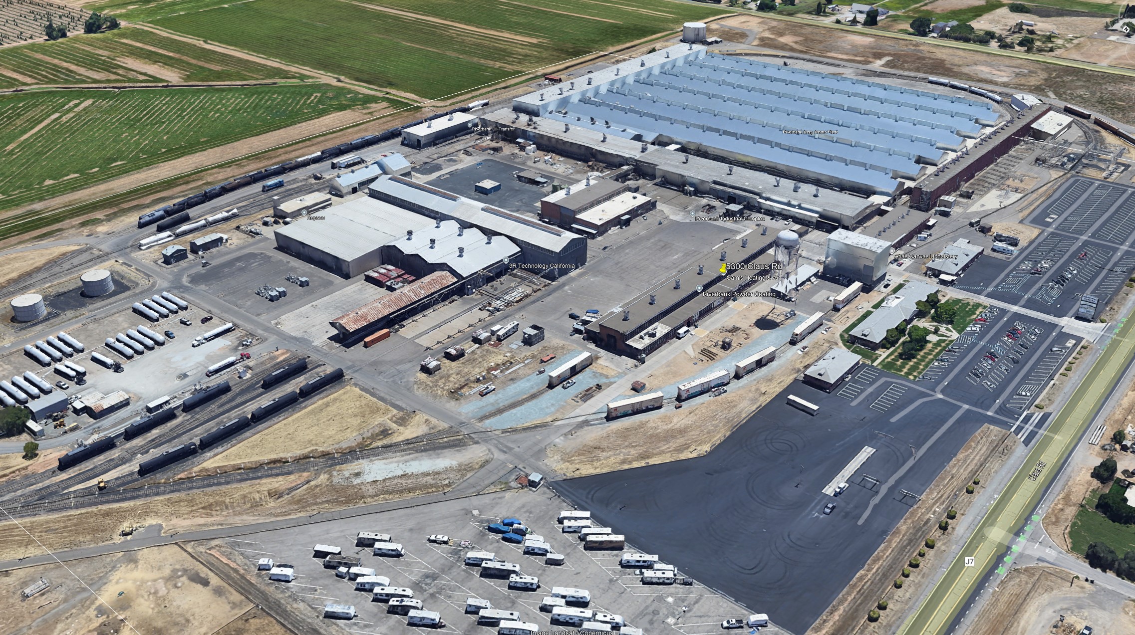 Aerial view of the Riverbank Industrial Complex at 5300 Claus Rd